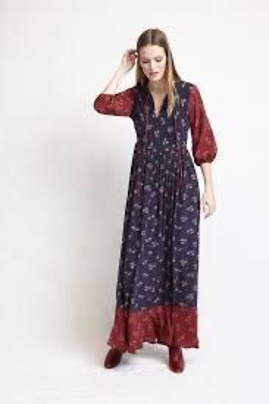 NWT $695 WARM 0 Silk Floral Brown Maxi Cotton Dress with Puffed Sleeves